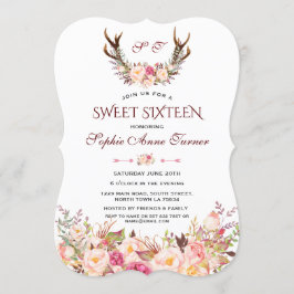 Charm Pink Blush Floral Antlers Monogramm Sweet 16 Einladung