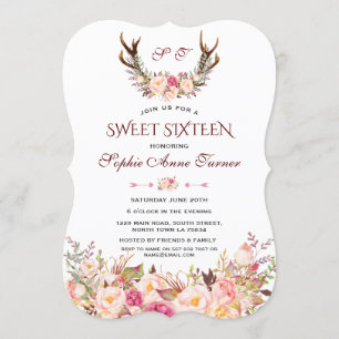 Charm Pink Blush Floral Antlers Monogramm Sweet 16 Einladung