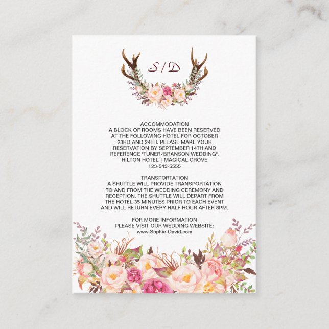 Charm Pink Blush Floral Antlers Wedding Details Begleitkarte (Vorderseite)
