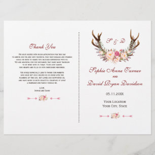 Charm Pink Blush Floral Antlers Wedding Programm