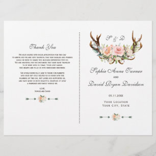 Charm Pink Blush Floral Antlers Wedding Programm
