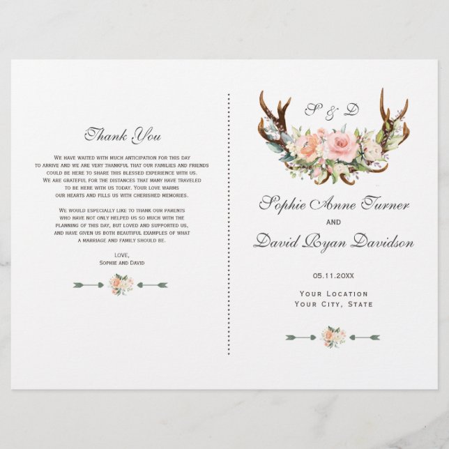 Charm Pink Blush Floral Antlers Wedding Programm (Vorderseite)