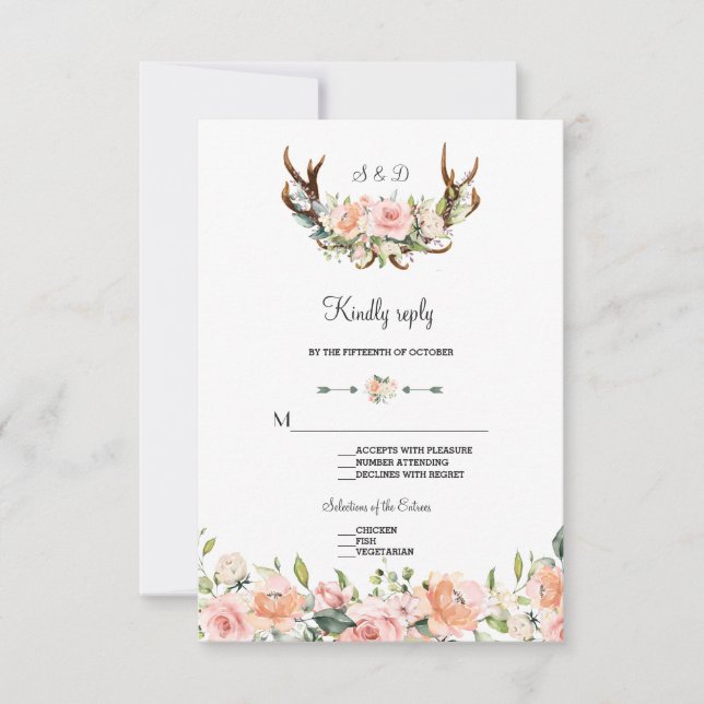 Charm Pink Blush Floral Antlers Wedding RSVP (Vorderseite)