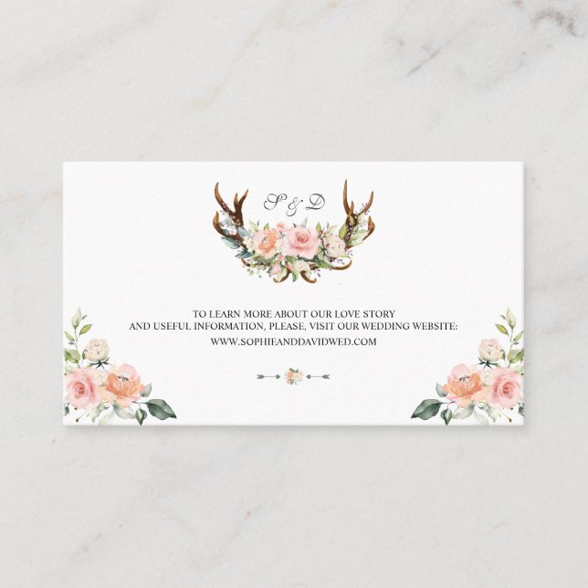 Charm Pink Blush Floral Antlers Wedding Website Visitenkarte (Vorderseite)