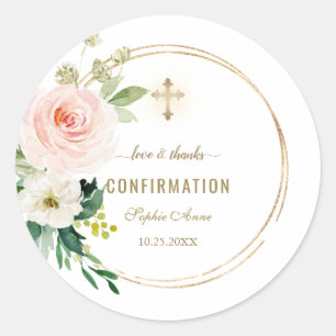 Charm Pink Blush Floral Gold Cross Bestätigung Runder Aufkleber