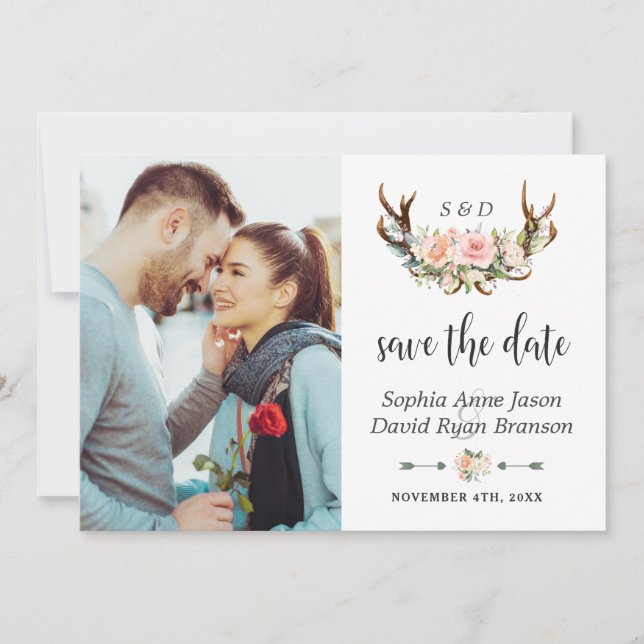 Charm Pink Cream Floral Antlers Foto Hochzeit Save The Date (Vorderseite)