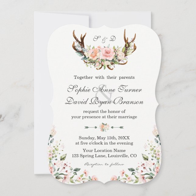 Charm Pink Cream Floral Antlers Wedding Einladung (Vorderseite)