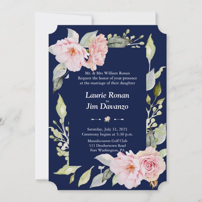 Charm Pink Floral Bloom Navy Blue Hochzeit Formal Einladung (Vorderseite)