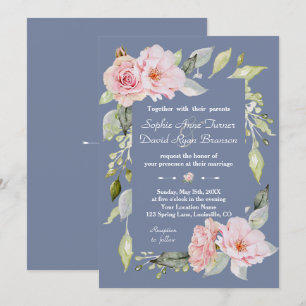 Charm Pink Floral Dusty Blue Wedding Einladung