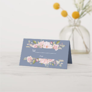 Charm Pink Floral Dusty Blue Wedding Platzkarte