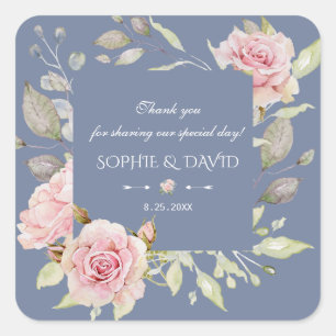 Charm Pink Floral Dusty Blue Wedding Quadratischer Aufkleber