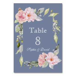 Charm Pink Floral Dusty Blue Wedding Tischnummer