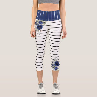 Charm Schwarz-weiß Stripes Navy Blue Floral Muster Capri Leggings
