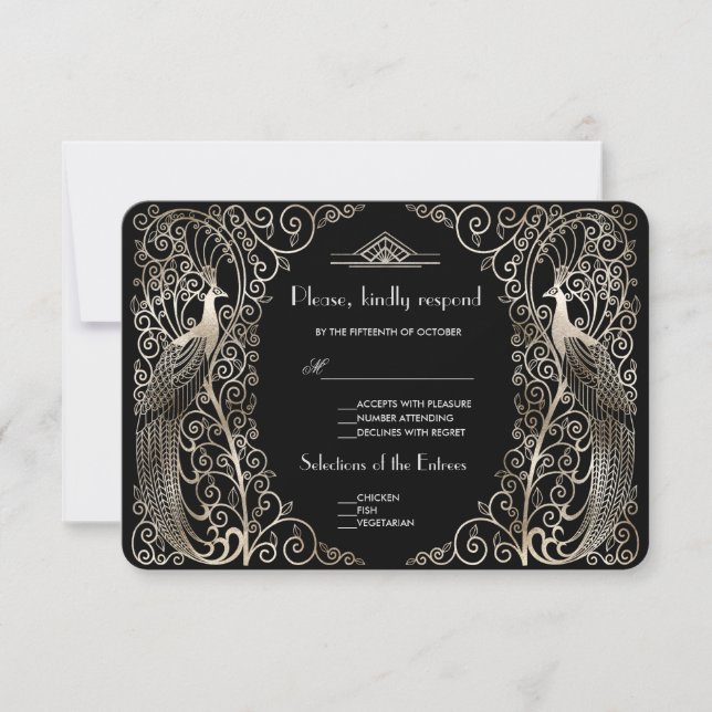 Charm Silver Art Deco Peacocks Wedding RSVP (Vorderseite)