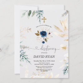 Charm Watercolor Blue Floral Gold Christening Einladung