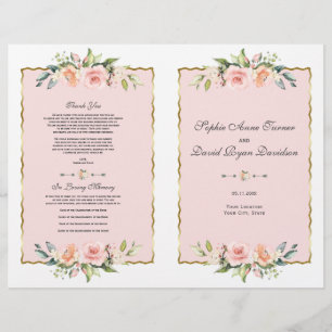 Charm Watercolor Blush Bloral Gold Hochzeitsprogra Flyer