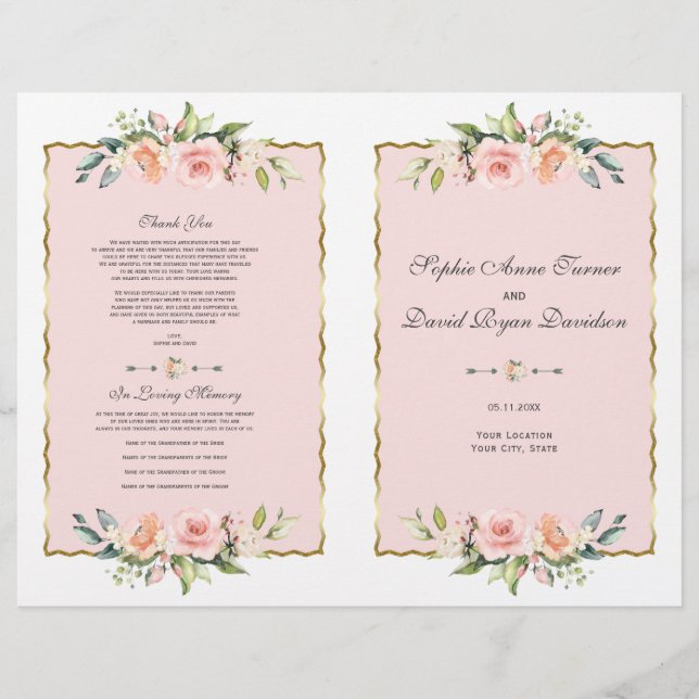 Charm Watercolor Blush Bloral Gold Hochzeitsprogra Flyer (Vorne)