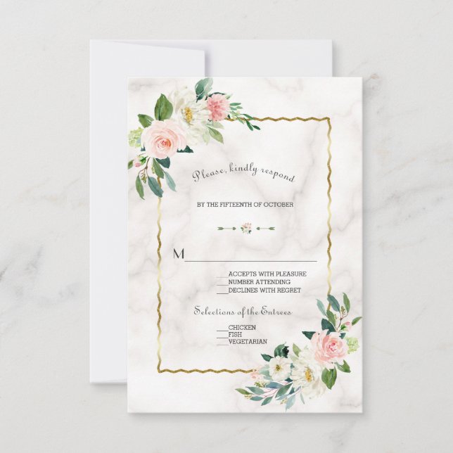 Charm Watercolor Blush Blume Goldmarmor Hochzeit RSVP Karte (Vorderseite)