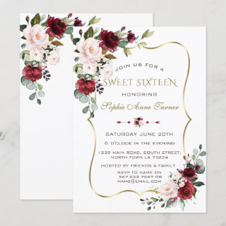 Charm Watercolor Blush Floral Gold Rahmen Sweet 16 Einladung