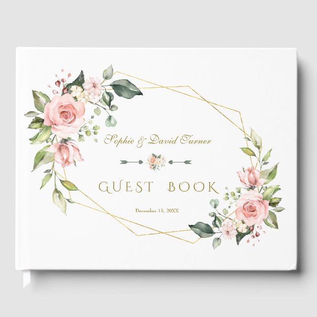 Charm Watercolor Blush Floral Navy Hochzeit Gästebuch (Vorderseite)