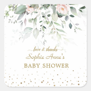 Charm Watercolor Greenery Pink Floral Baby Dusche Quadratischer Aufkleber