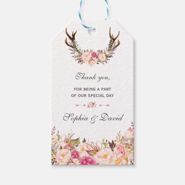 Charm Watercolor Pink Blush Floral Antlers Wedding Geschenkanhänger (Vorderseite)
