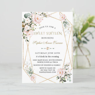 Charm Watercolor Pink Floral Gold Rahmen Sweet 16 Einladung