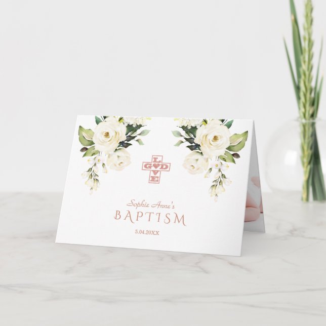 Charm White Blume Rose Gold Cross Foto Taufe Karte (Vorderseite)