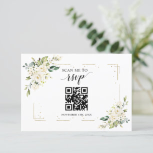 Charm White Floral Gold QR Code Wedding RSVP Card Karte