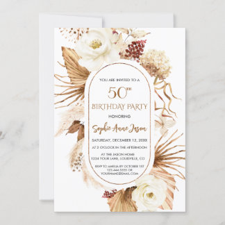 Charm White Floral Pampas Grass Palm 50. Geburtsta Einladung