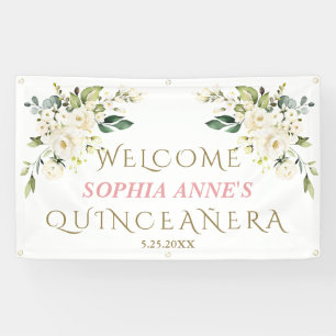 Charm White Ivory Floral Quinceañera Begrüßungszei Banner