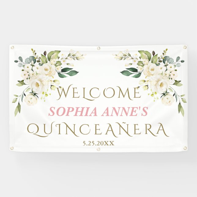 Charm White Ivory Floral Quinceañera Begrüßungszei Banner (Horizontal)