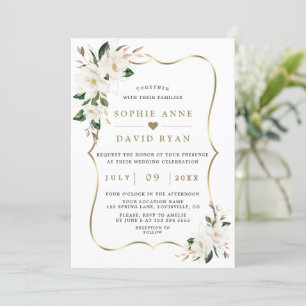 Charm White Magnolia Gold Floral Wedding Einladung