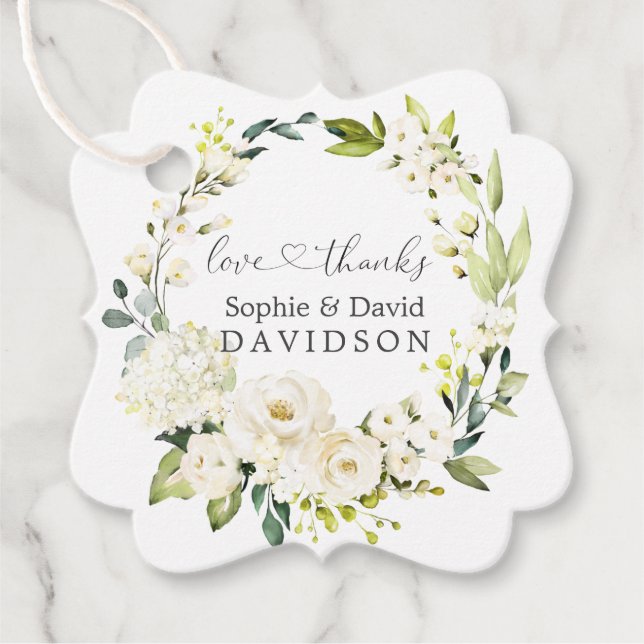 Charm White Roses Hydrangea Calligrafy Wedding Geschenkanhänger (Vorderseite)