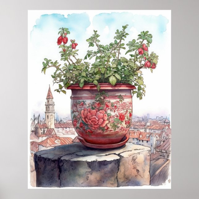 Charmante Blume Pot Wasserfarbe Poster (Vorne)