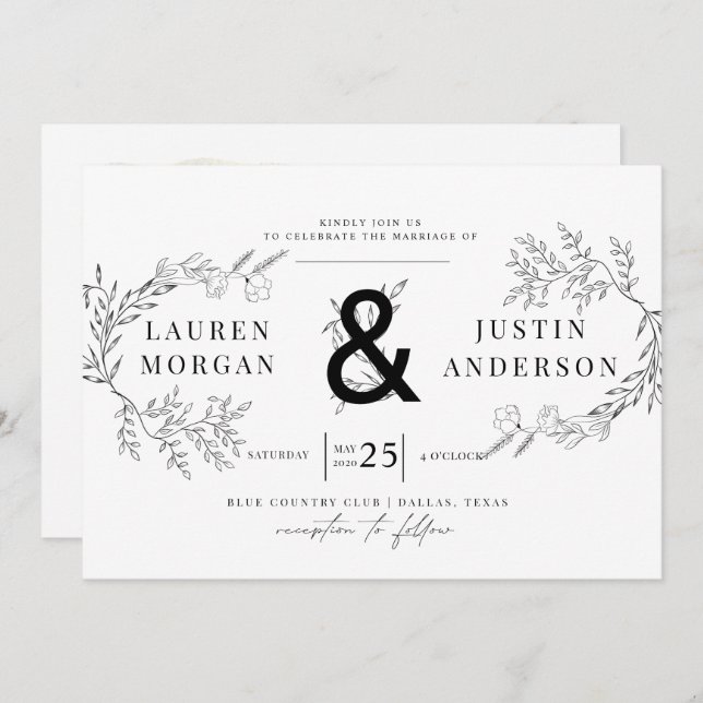 Charmante Botanics Elegante Hochzeit Einladung (Vorne/Hinten)