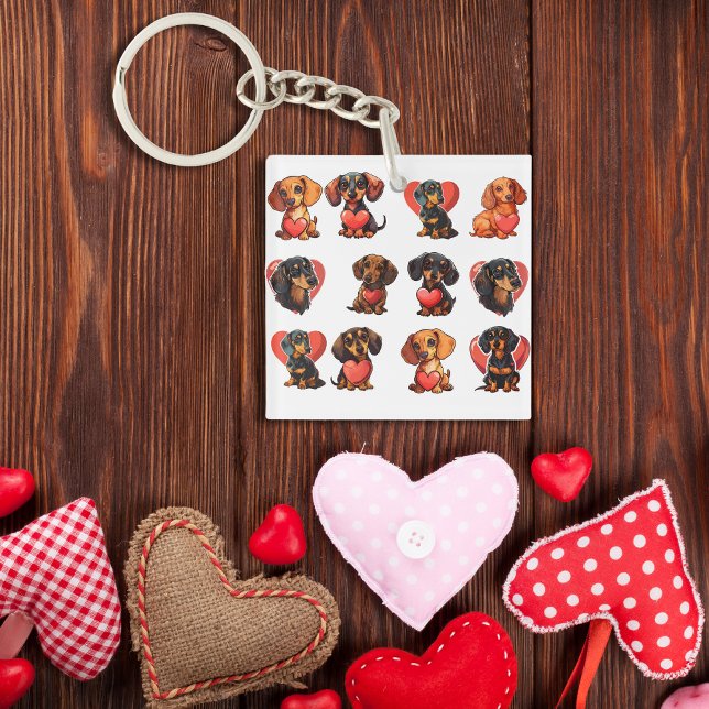 Charmante Dackel mit Rotem Herz Wasserfarbe Schlüsselanhänger (Charming Dachshund with Red Heart Watercolor Keychain)