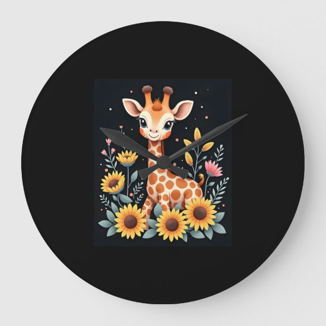 Charmante Giraffe, umgeben von Blume, langen Schlä Große Wanduhr (Vorderseite)