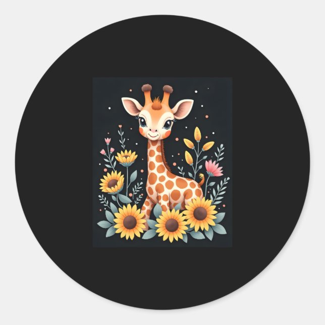 Charmante Giraffe, umgeben von Blume, langen Schlä Runder Aufkleber (Vorderseite)