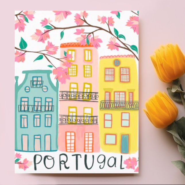Charmante Häuser in Portugal Handmade Artwork Cust Postkarte (Sweet custom art of houses in Porto Portugal with pink flowers. Add your own text)