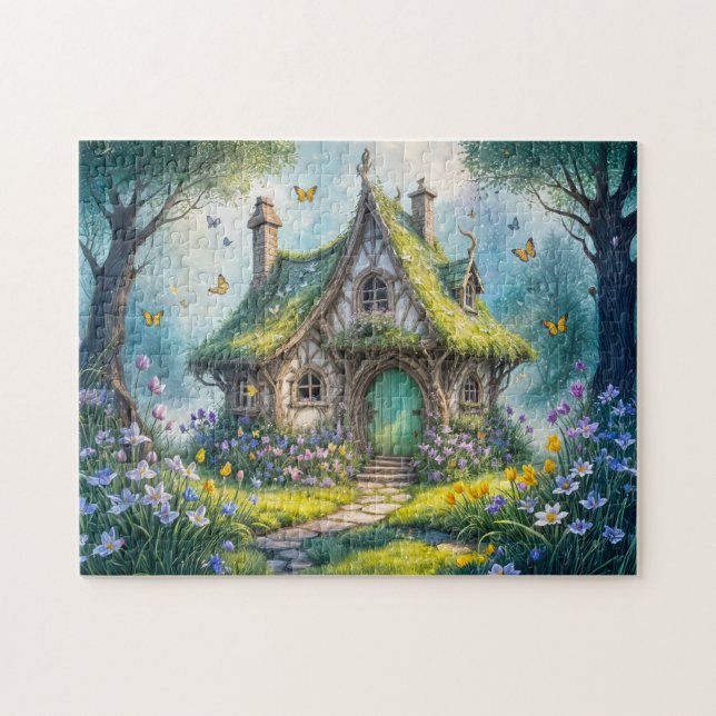 Charmante Hütte mit Crocus Blooms Puzzle (Horizontal)