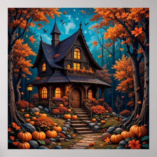 Charmante Hütte mit Pumpkins im Herbstwald Poster (Vorne)