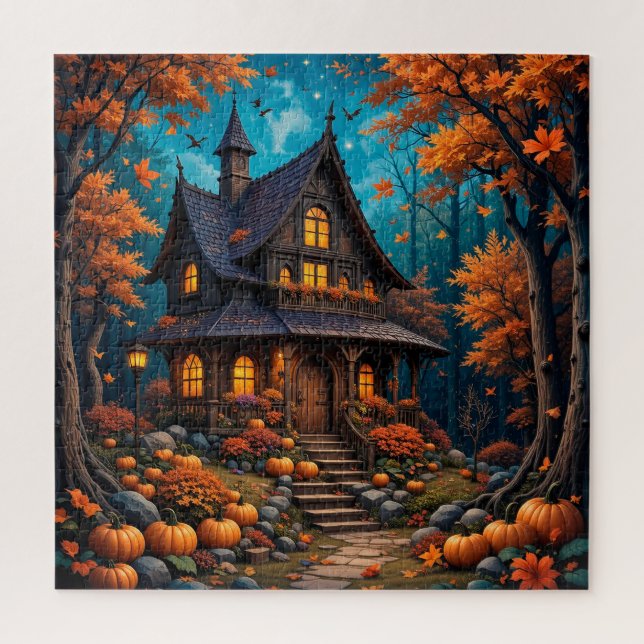 Charmante Hütte mit Pumpkins im Herbstwald Puzzle (Vertikal)