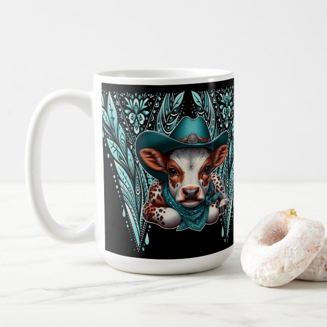 Charmante Kuh mit künstlerischem Western Cowboy Hu Kaffeetasse (Mit Donut)