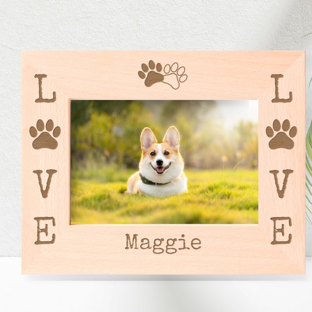 Charmante LIEBE Dog Paw Print Modern Personalisier Geätzte Rahmen (Personalized LOVE paw print photo frame.)