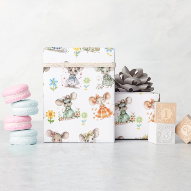 Charmante Mäuse in Kleider - Delikate, florale Whi Geschenkpapier (Babyparty)