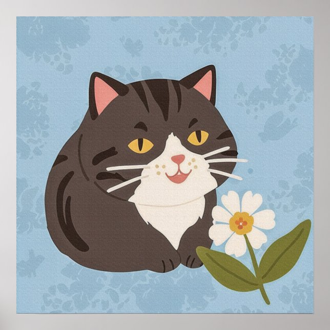 Charmante Niedliche graue Katze mit Kamille Blume Poster (Vorne)