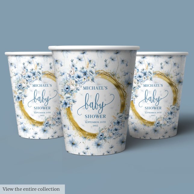 Charmante pastellblaue Blumen Goldjunge Dusche Pappbecher (Charming pastel blue flowers gold boy baby shower Paper Cups)