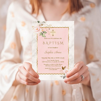 Charmante Rosa Blush Gold Blume Marmortaufe Einladung