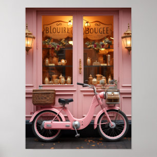 Charmante rosa Ladenfront mit altem Moped Poster